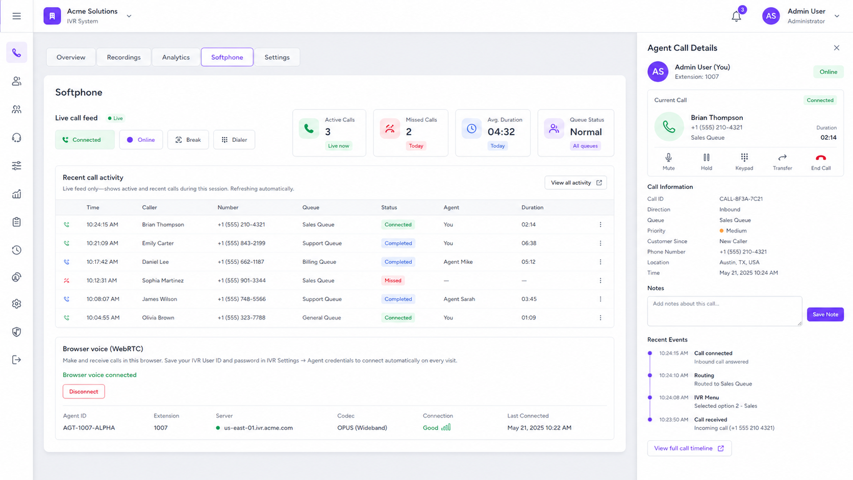 Browser Softphone Dashboard