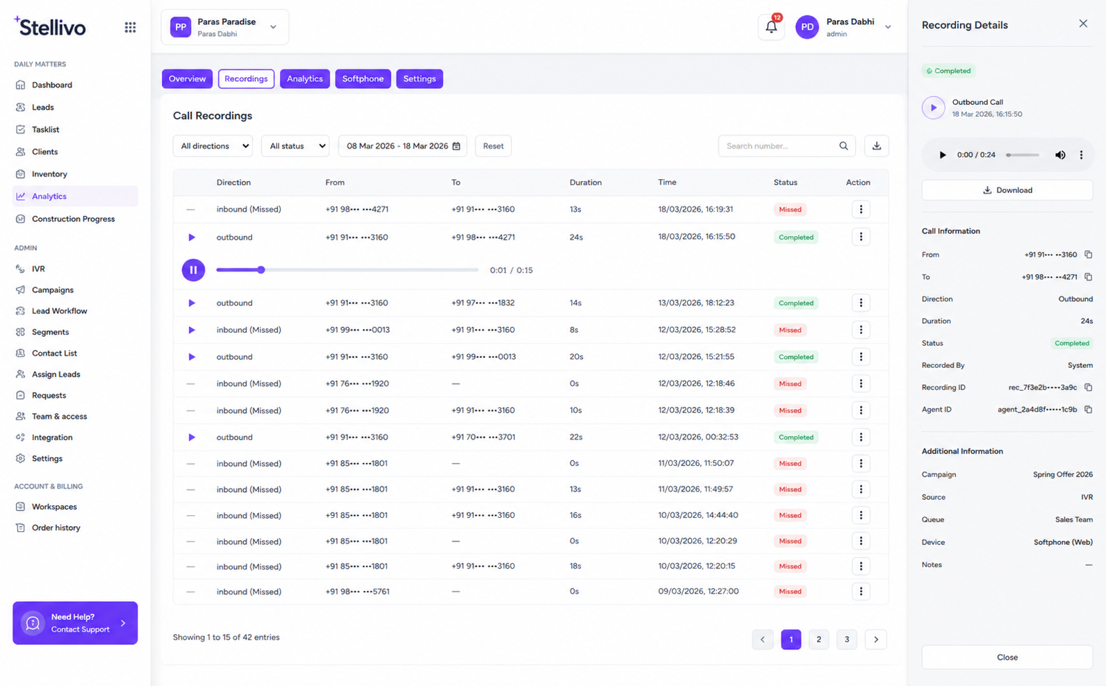 Call Recordings Dashboard